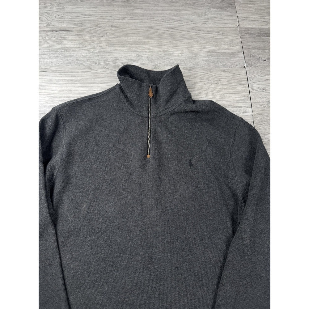 Polo Ralph Lauren Sweater Mens L 1/4 Zip Gray Red Pony Leather Pull Cotton